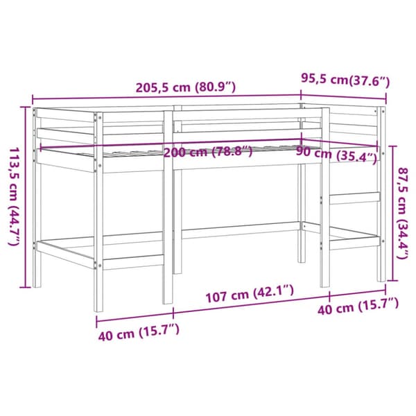 Loftsäng med stege vaxbrun 90x200 cm massiv furu