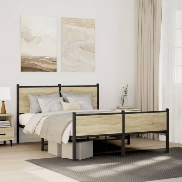sengeramme med sengegavl og fodgærde 137x190 cm metal sonoma-eg