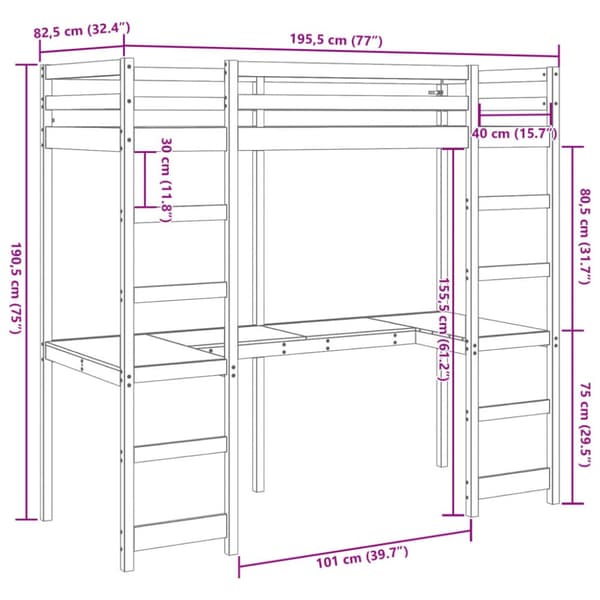 Loftsäng utan madrass vit 75x190 cm massiv furu