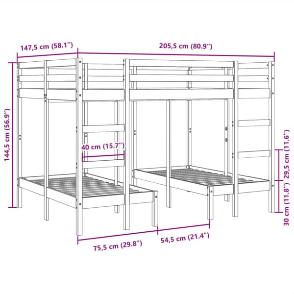 tredobbelt køjeseng 140x200/70x140 cm massivt fyrretræ