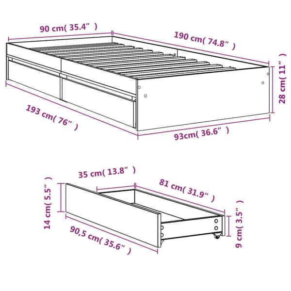 Sängynrunko laatikoilla musta 90x190 cm tekninen puu