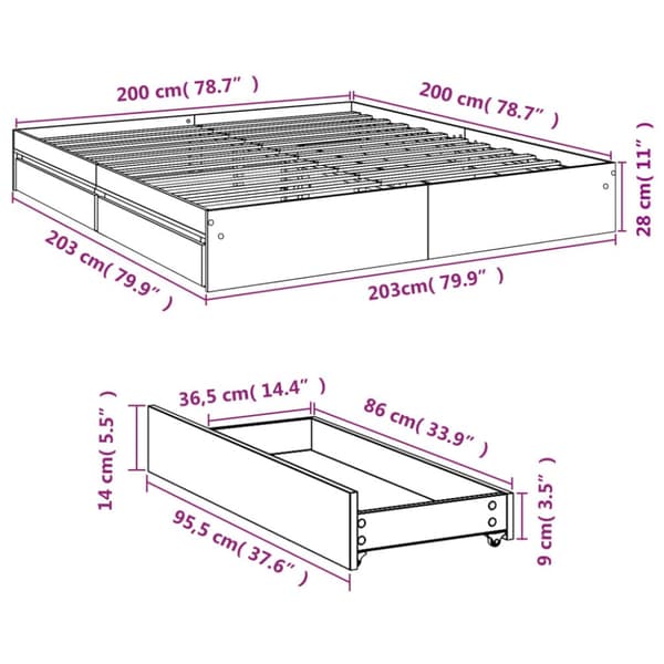 Sängynrunko laatikoilla ruskea tammi 200x200 cm tekninen puu