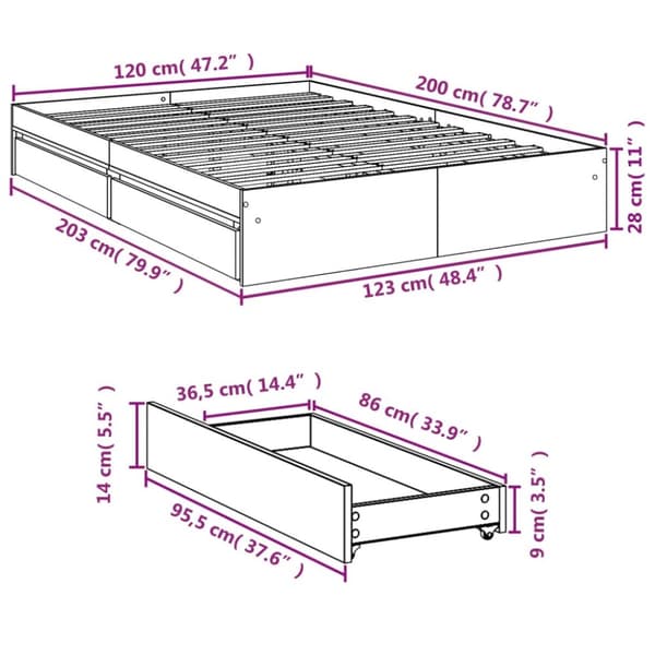 sengeramme med skuffer 120x200 cm konstrueret træ røget eg
