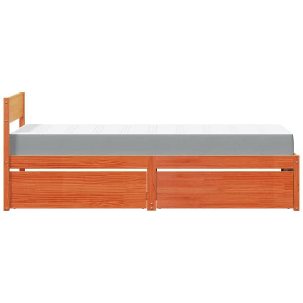 Sängram med lådor och madrass vaxbrun 90x190 cm massiv furu