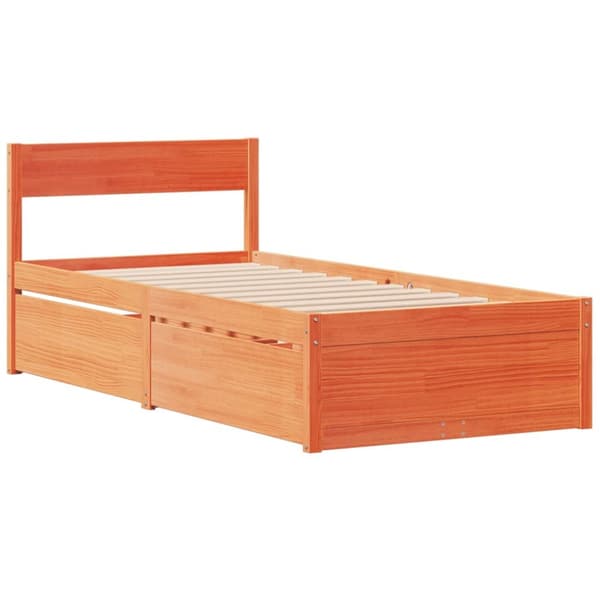Sängram med lådor och madrass vaxbrun 90x190 cm massiv furu