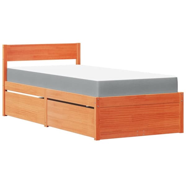 Sängram med lådor och madrass vaxbrun 90x190 cm massiv furu