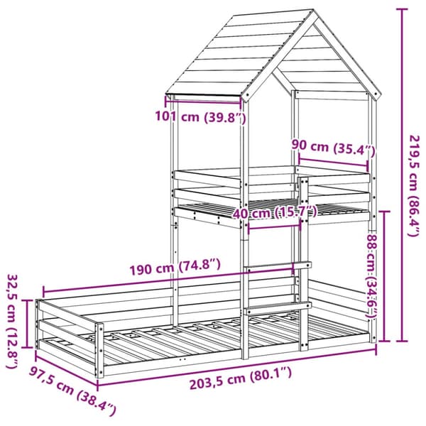 Våningssäng utan madrass 90x190 cm massiv furu