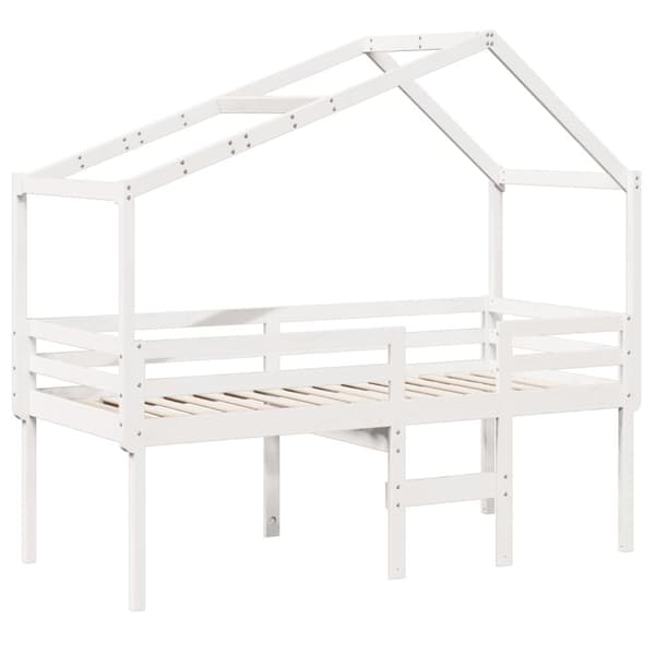 højseng med tag 90x190 cm massivt fyrretræ hvid