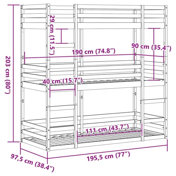 Våningssäng 3 våningar vit 90x190 cm massiv furu