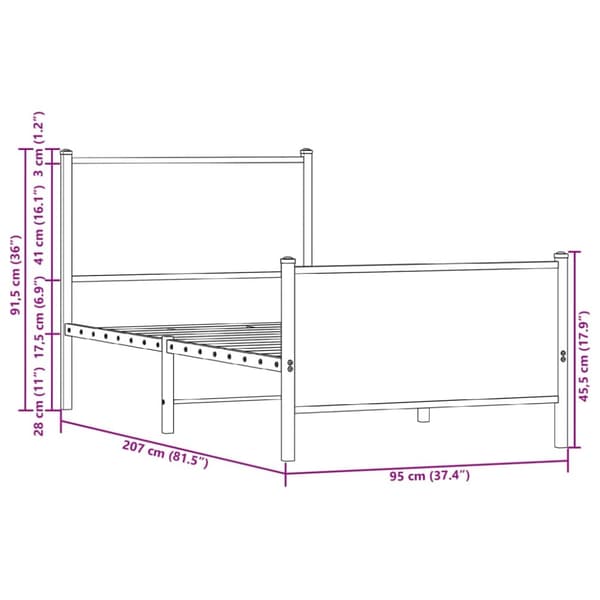 sengeramme 90x200 cm uden madras metal brun egetræsfarve