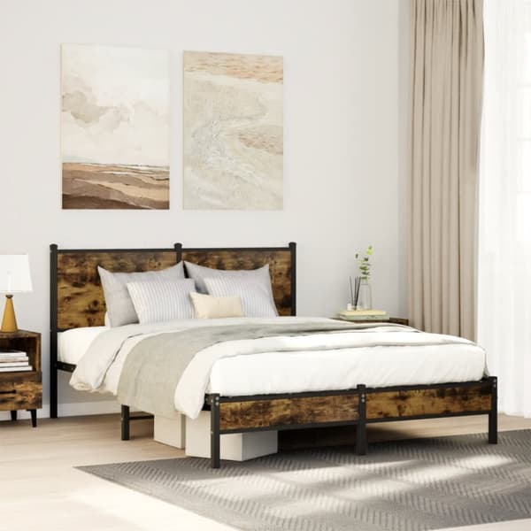 sengeramme med sengegavl 137x190 cm metal røget egetræsfarve