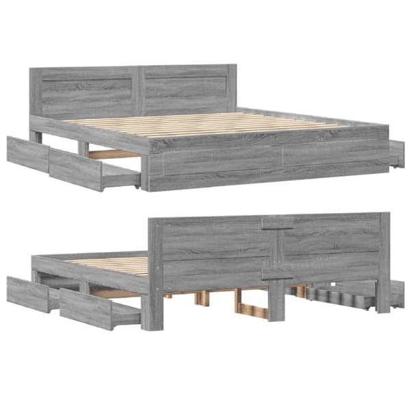 sengeramme med sengegavl 200x200 cm konstrueret træ grå sonoma