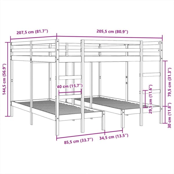 Våningssäng 3 platser 140x200/70x140 cm massiv furu