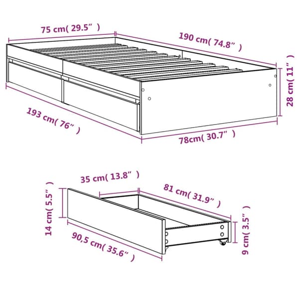 Sängynrunko laatikoilla musta 75x190 cm tekninen puu
