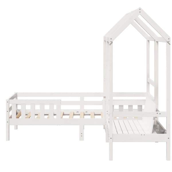 Sängram med bänk och tak vit 75x190 cm massiv furu