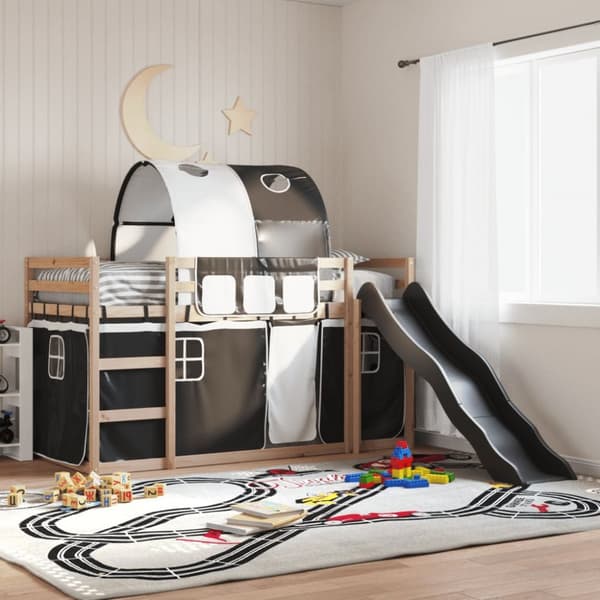 køjeseng med rutsjebane og forhæng 90x190 cm hvid og sort