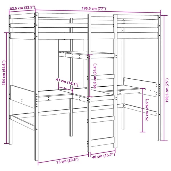 Loftsäng utan madrass 75x190 cm massiv furu