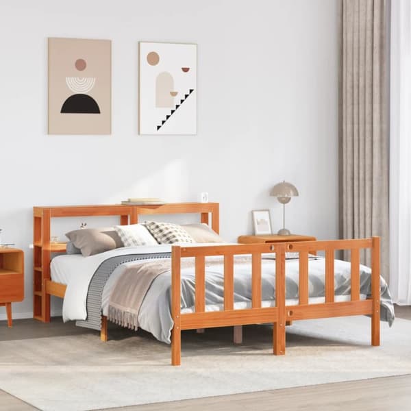 sengeramme med sengegavl 135x190 cm massivt fyrretræ gyldenbrun