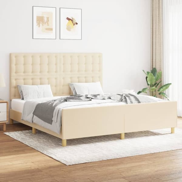 sengeramme med sengegavl 160x200 cm stof cremefarvet