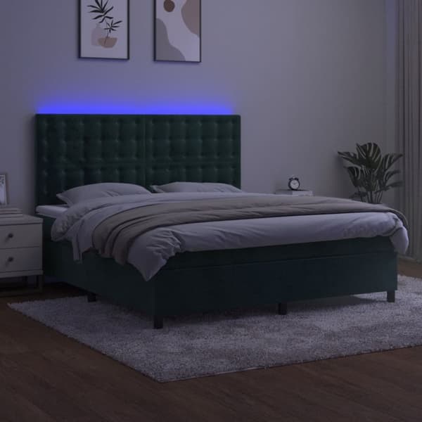 Ramsäng med madrass & LED mörkgrön 160x200 cm sammet