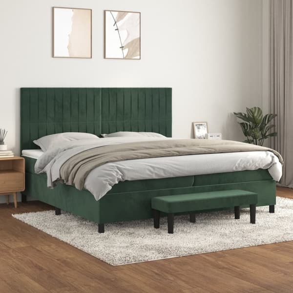 kontinentalseng med madras 200x200 cm fløjl mørkegrøn
