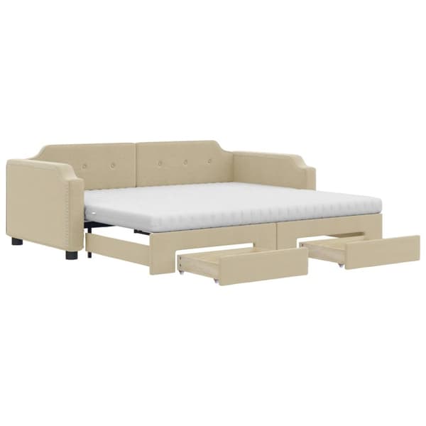 daybed med udtræk og skuffer 90x200 cm stof cremefarvet