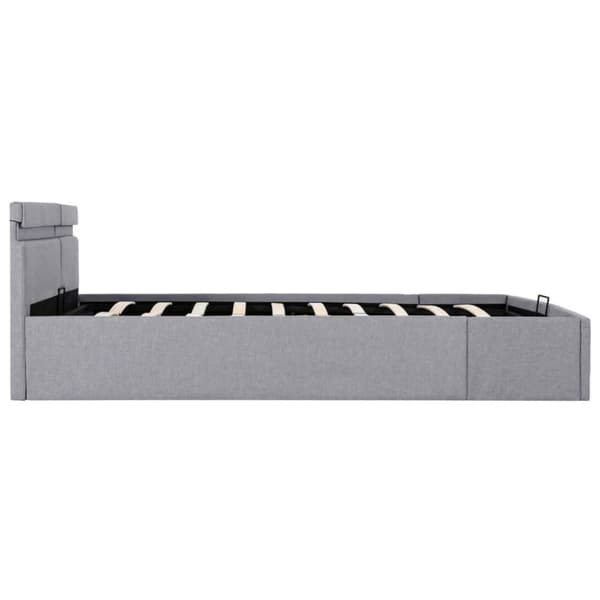 hydraulisk opbevaringsseng med LED 160x200 cm stof lysegrå