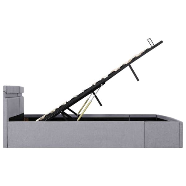 hydraulisk opbevaringsseng med LED 160x200 cm stof lysegrå