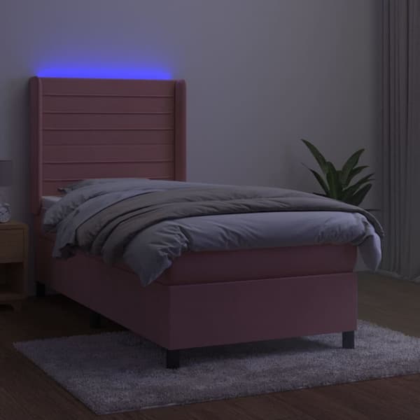 Ramsäng med madrass rosa & LED 90x190 cm sammet