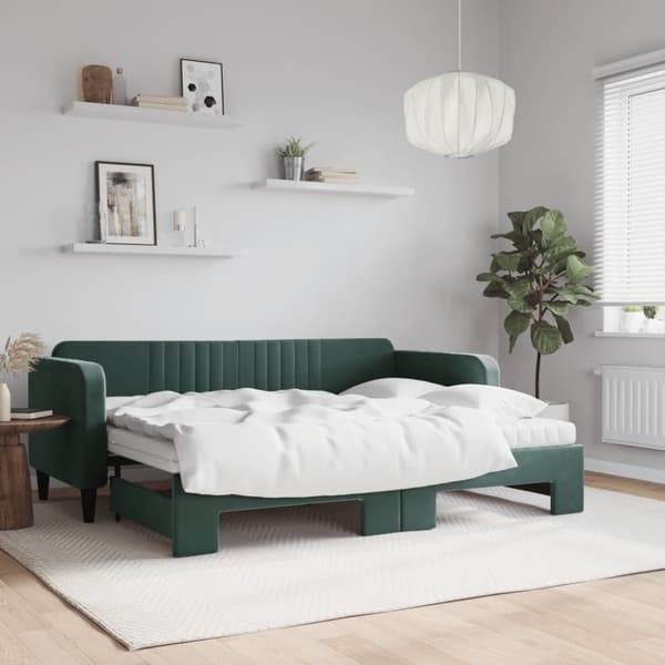 Dagbädd utdragbar med madrasser mörkgrön 80x200 cm sammet