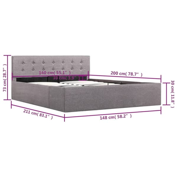 Sängram med hydraulisk förvaring taupe tyg 140x200 cm