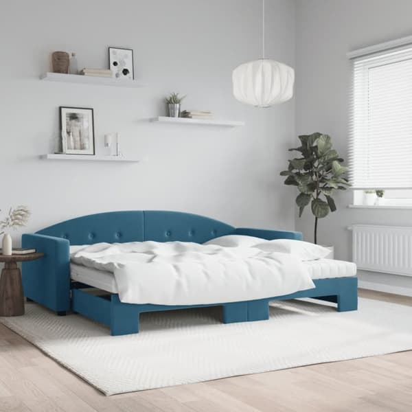 daybed med udtræk og madras 90x200 cm velour blå