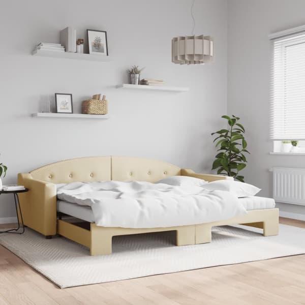 daybed med udtræk og madras 90x200 cm stof cremefarvet