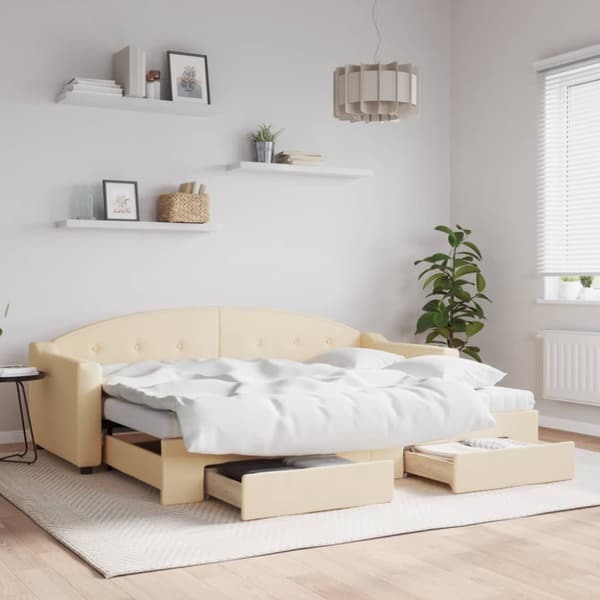 daybed med udtræk og skuffer 80x200 cm stof cremefarvet