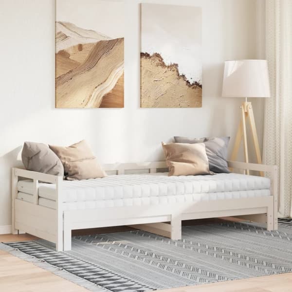 daybed med udtræk og madrasser 90x190 cm massivt fyrretræ hvid