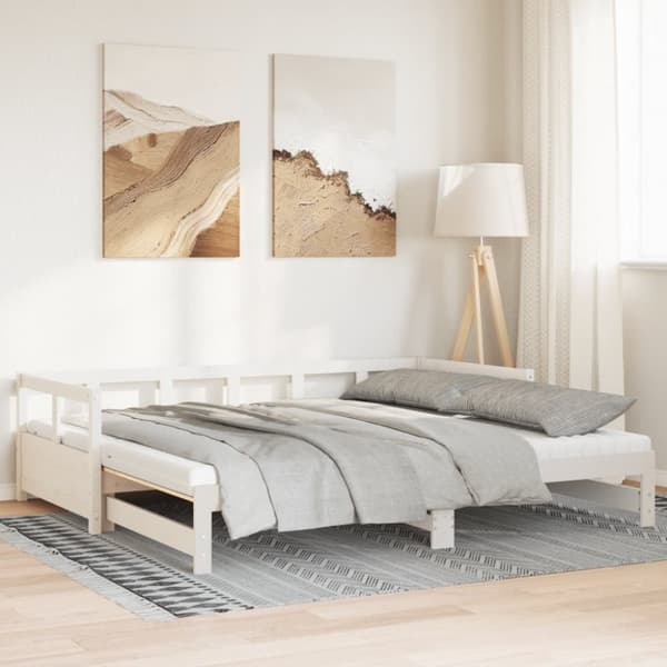 daybed med udtræk og madrasser 90x190 cm massivt fyrretræ hvid