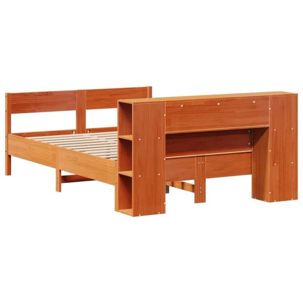 Säng med bokhylla utan madrass vaxbrun 120x190 cm massiv furu