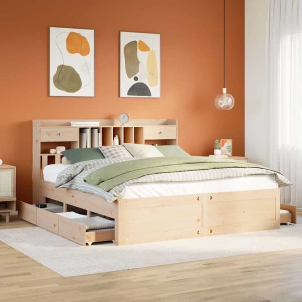 Sänky kirjahyllyllä ilman patjaa 200x200 cm täysi mänty