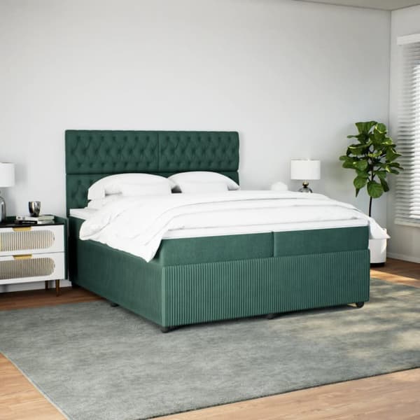 kontinentalseng med madras 200x200 cm fløjl mørkegrøn