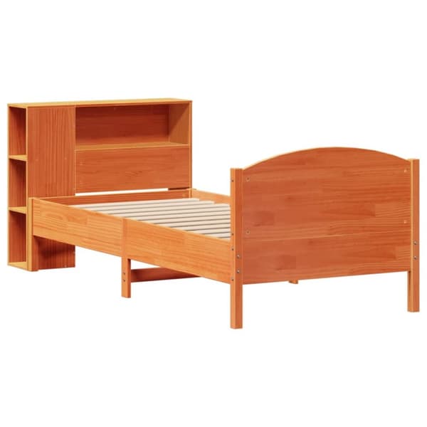 Säng med bokhylla utan madrass vaxad brun 90x190 cm massiv furu