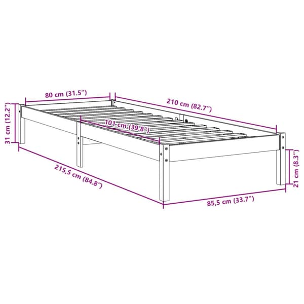 ekstra lang sengeramme uden madras 80x210 cm massivt fyrretræ