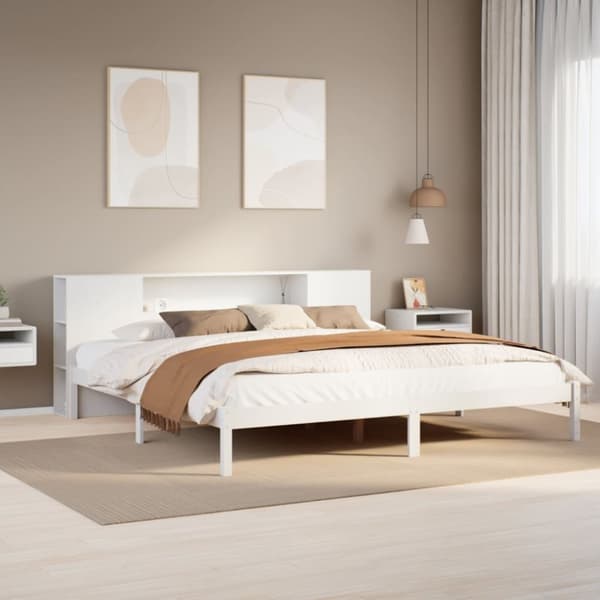 seng med reol uden madras 200x200 cm massivt fyrretræ hvid