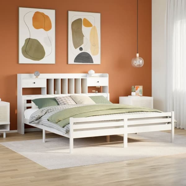 Sänky kirjahyllyllä ei patjaa valkoinen 200x200 cm täysi mänty