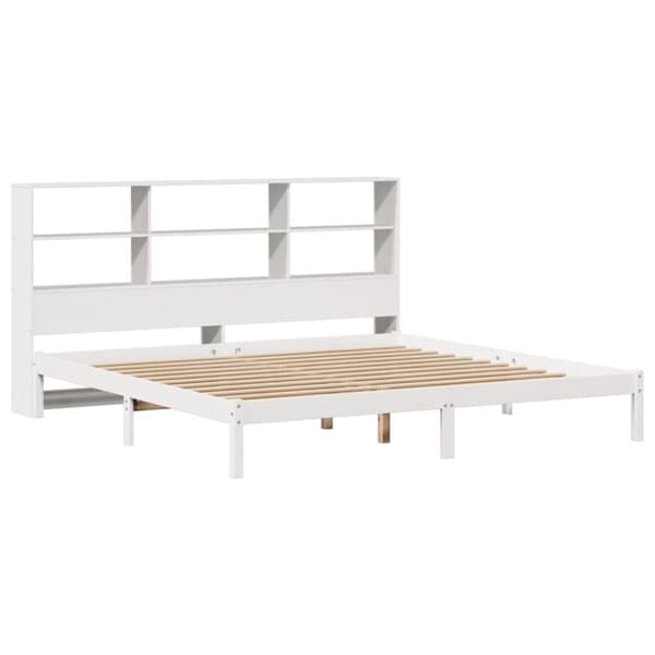 Säng med bokhylla utan madrass vit 200x200cm massiv furu