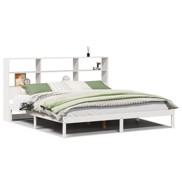 Säng med bokhylla utan madrass vit 200x200cm massiv furu