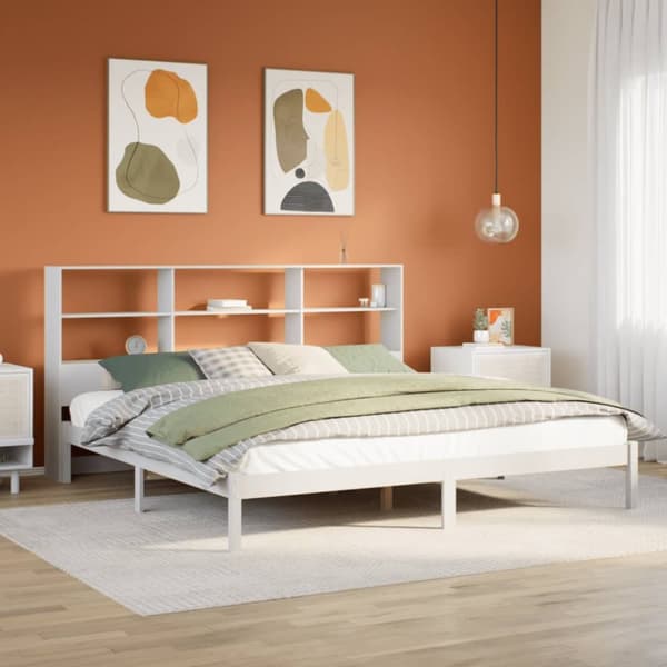 Säng med bokhylla utan madrass vit 200x200cm massiv furu