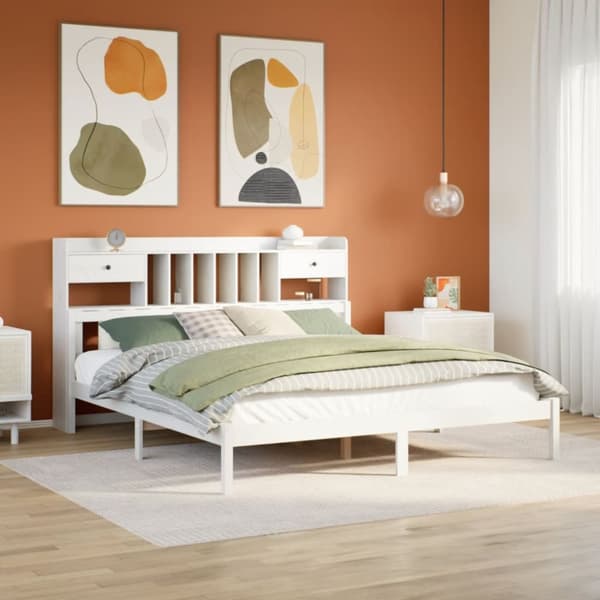Sänky kirjahyllyllä ei patjaa valkoinen 200x200 cm täysi mänty