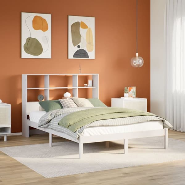 Säng med bokhylla utan madrass vit 120x200 cm massiv furu