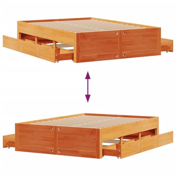 sengeramme m. skuffer 150x200 cm uden madras massivt fyr brun