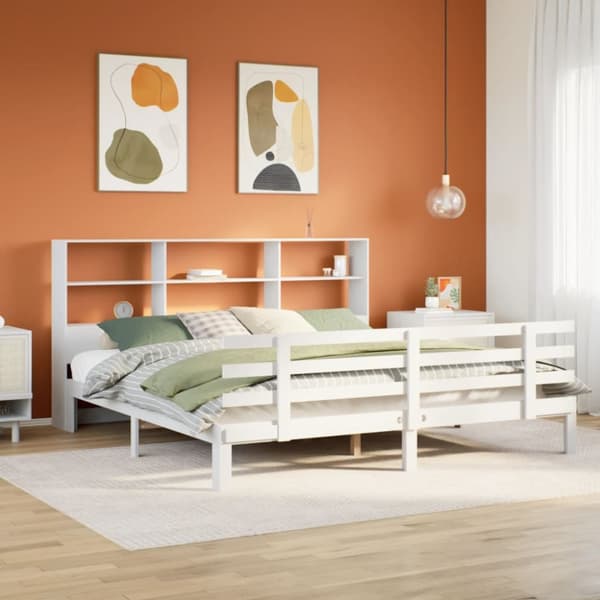 Säng med bokhylla utan madrass vit 180x200cm massiv furu